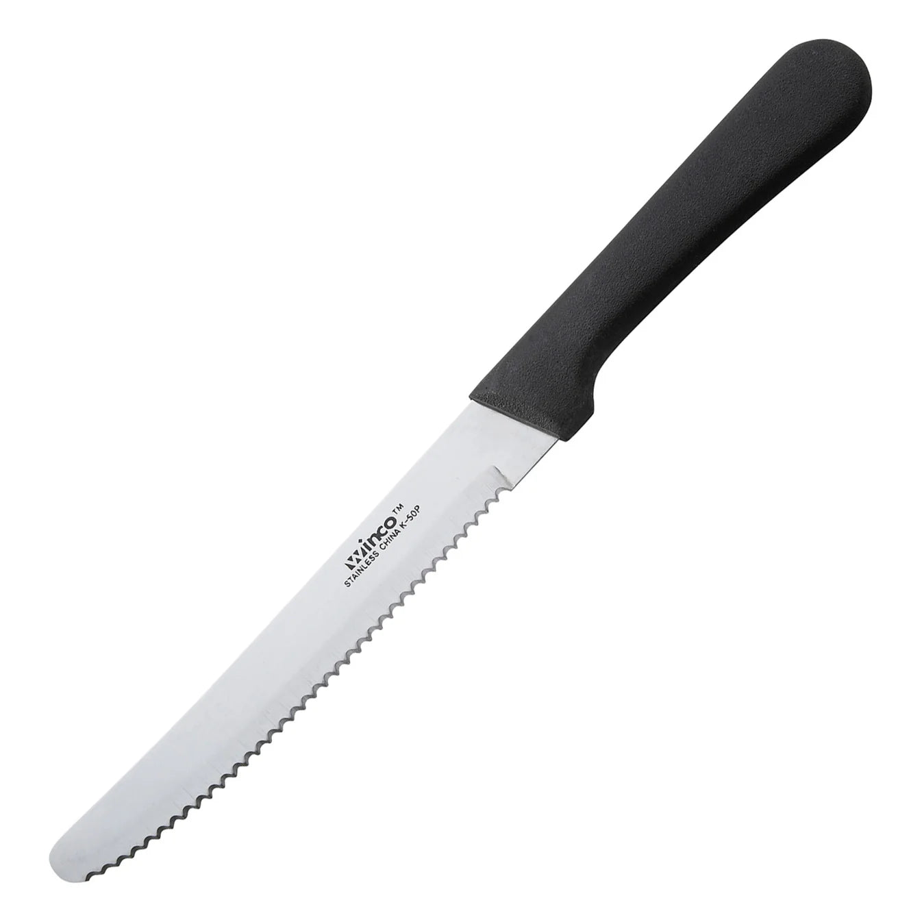 Winco K-50P 5" Round Tip Steak Knife with Black Polypropylene Handle, 12/Pack