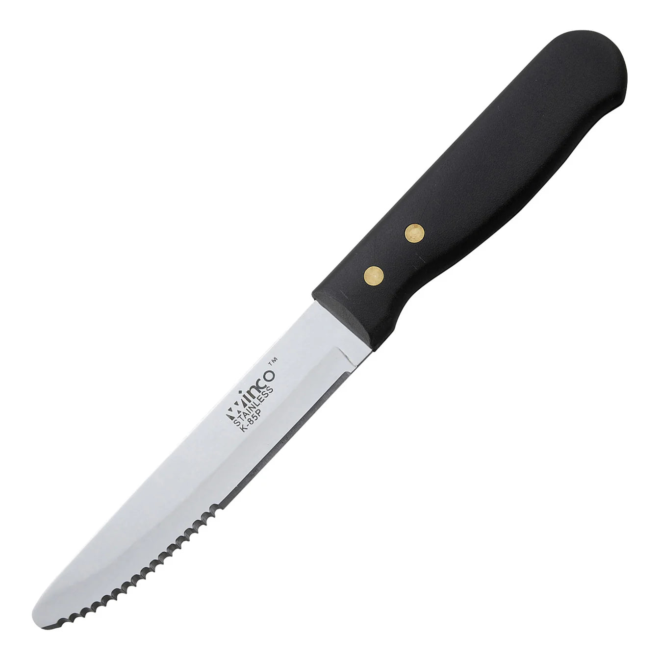 Winco K-85P Jumbo 5" Round Tip Steak Knife with Black Riveted Handle, 12/Pack