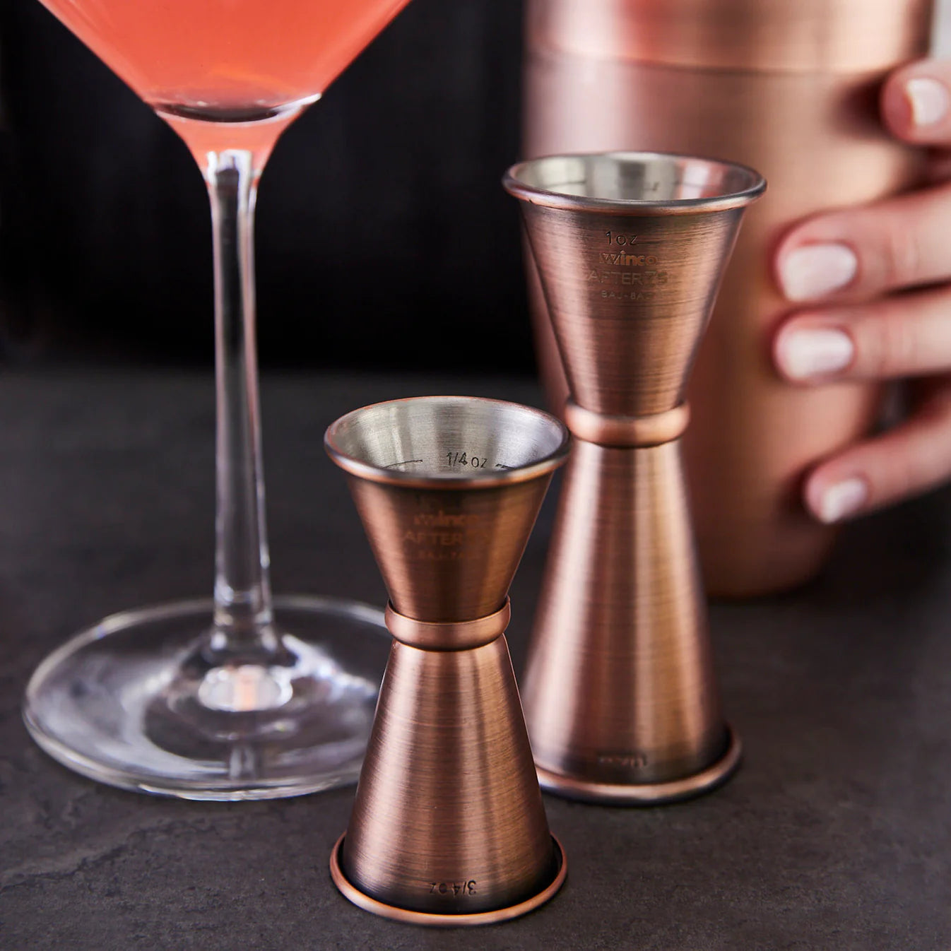 Winco After5 Japanese-Style Jigger – 1 × 1-1/2 oz, Antique Copper, 18/8 Stainless Steel