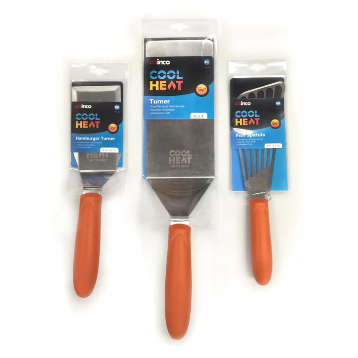Winco Cool Heat TNH-60 6-3/4" x 3-1/4" High-Heat Flexible Fish Spatula with Orange Nylon Handle
