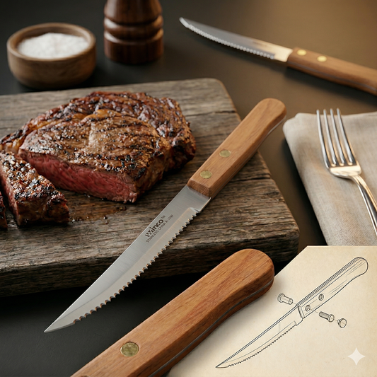 Winco K-45W 4-1/2" Pointed Tip Steak Knife with Wooden Handle, 12/Pack