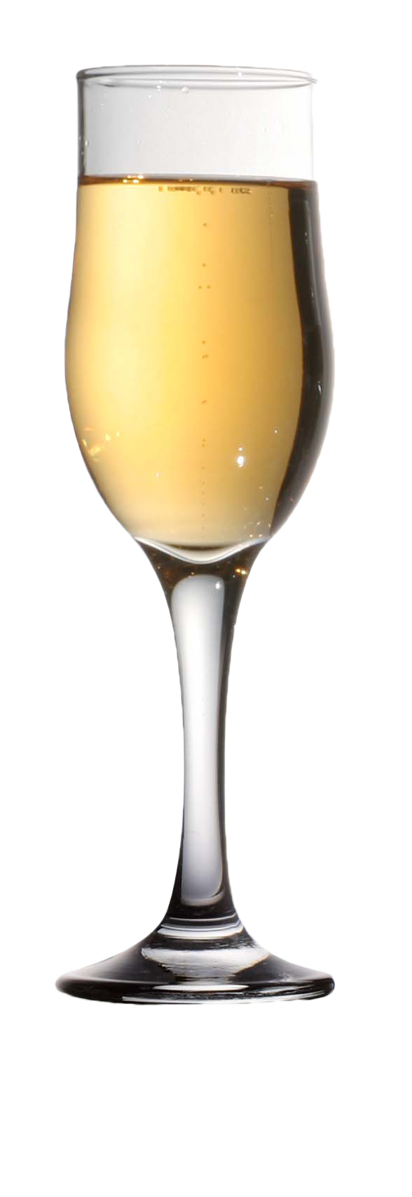 Champagne flute filled with champagne on a white background