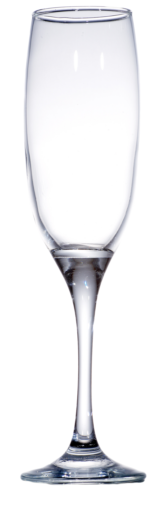 Clear glass champagne flute on a white background