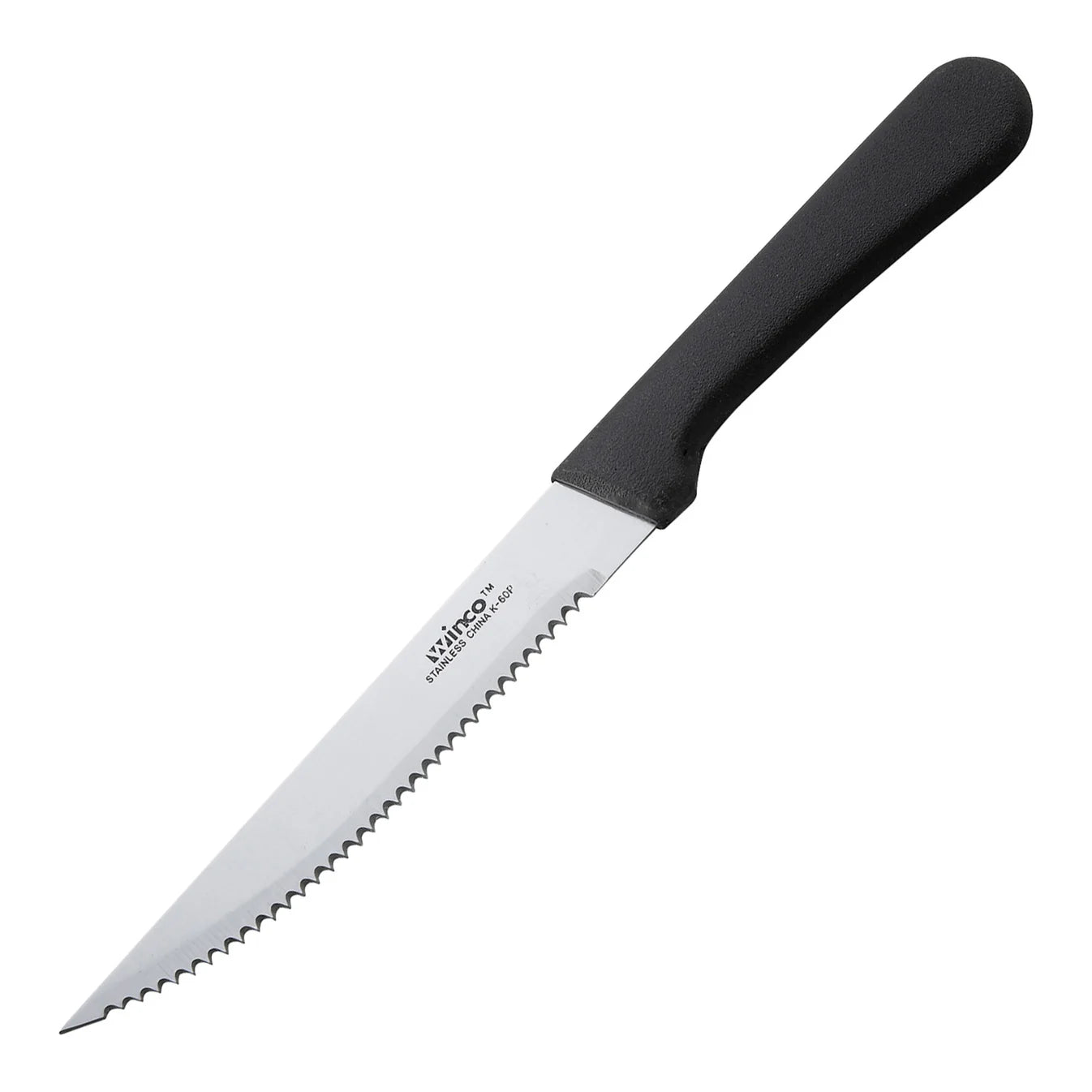 Winco K-60P 5" Pointed Tip Steak Knife with Black Polypropylene Handle, 12/Pack