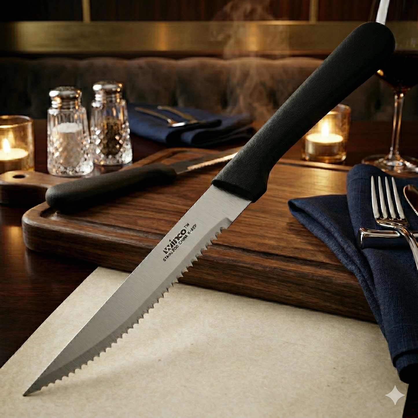 Winco K-60P 5" Pointed Tip Steak Knife with Black Polypropylene Handle, 12/Pack