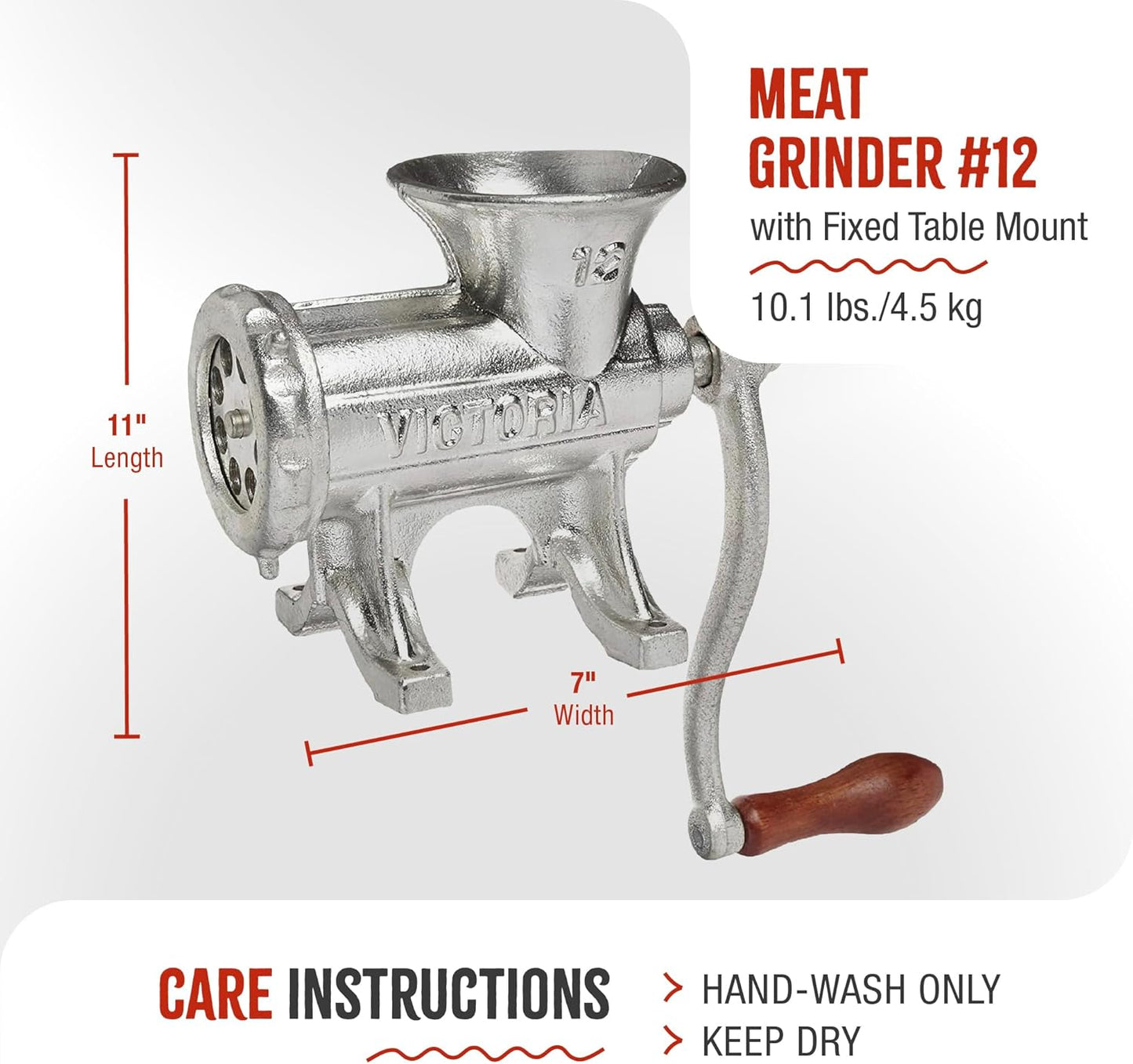 Victoria No. 12 Manual Cast Iron Meat Grinder & Sausage Stuffer with Table Clamp Mount