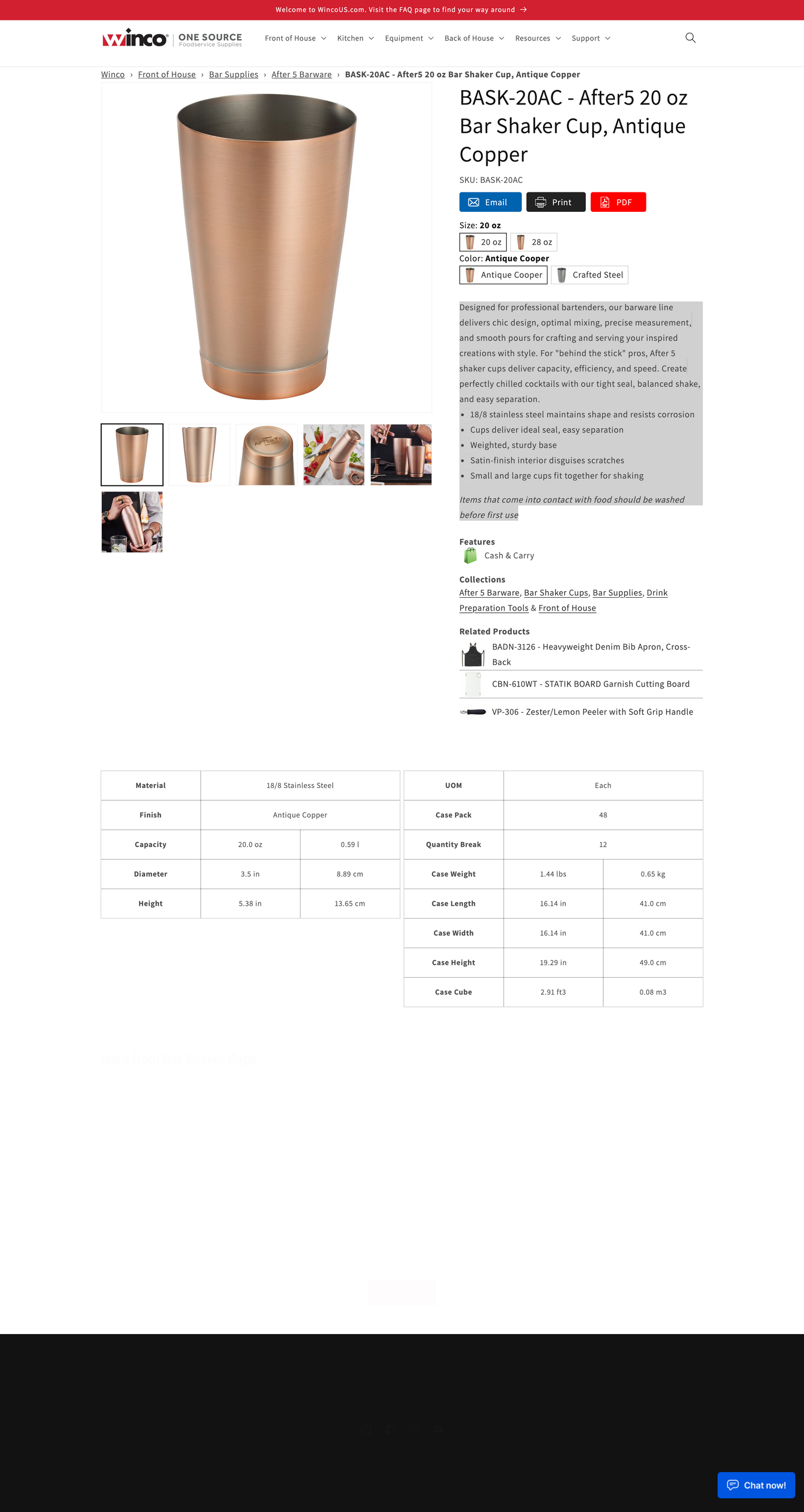 Winco After5 20 oz Bar Shaker Cup – Antique Copper, 18/8 Stainless Steel