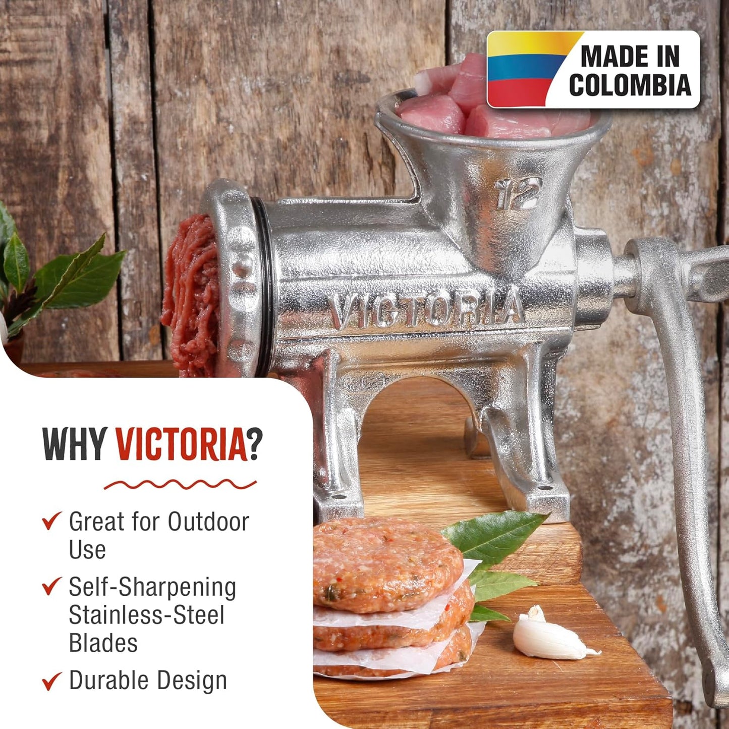 Victoria No. 12 Manual Cast Iron Meat Grinder & Sausage Stuffer with Table Clamp Mount