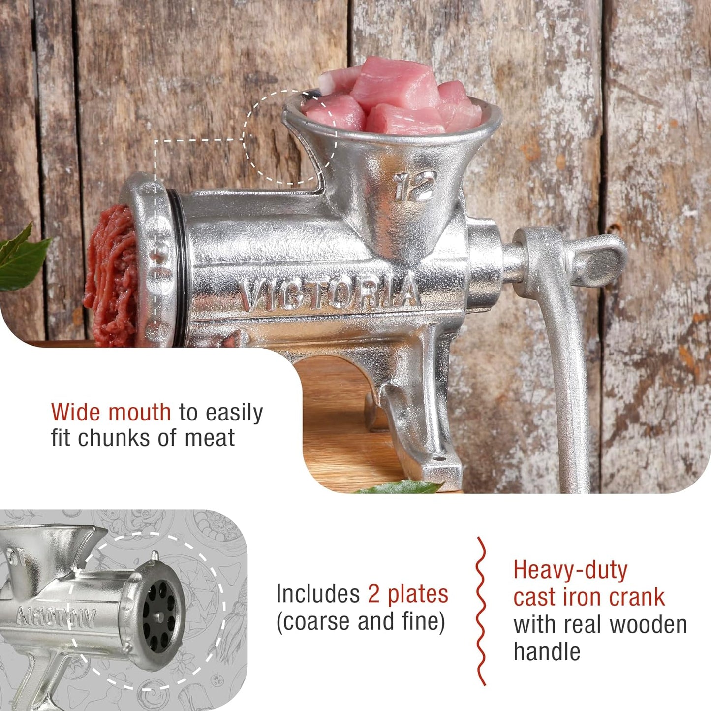 Victoria No. 12 Manual Cast Iron Meat Grinder & Sausage Stuffer with Table Clamp Mount