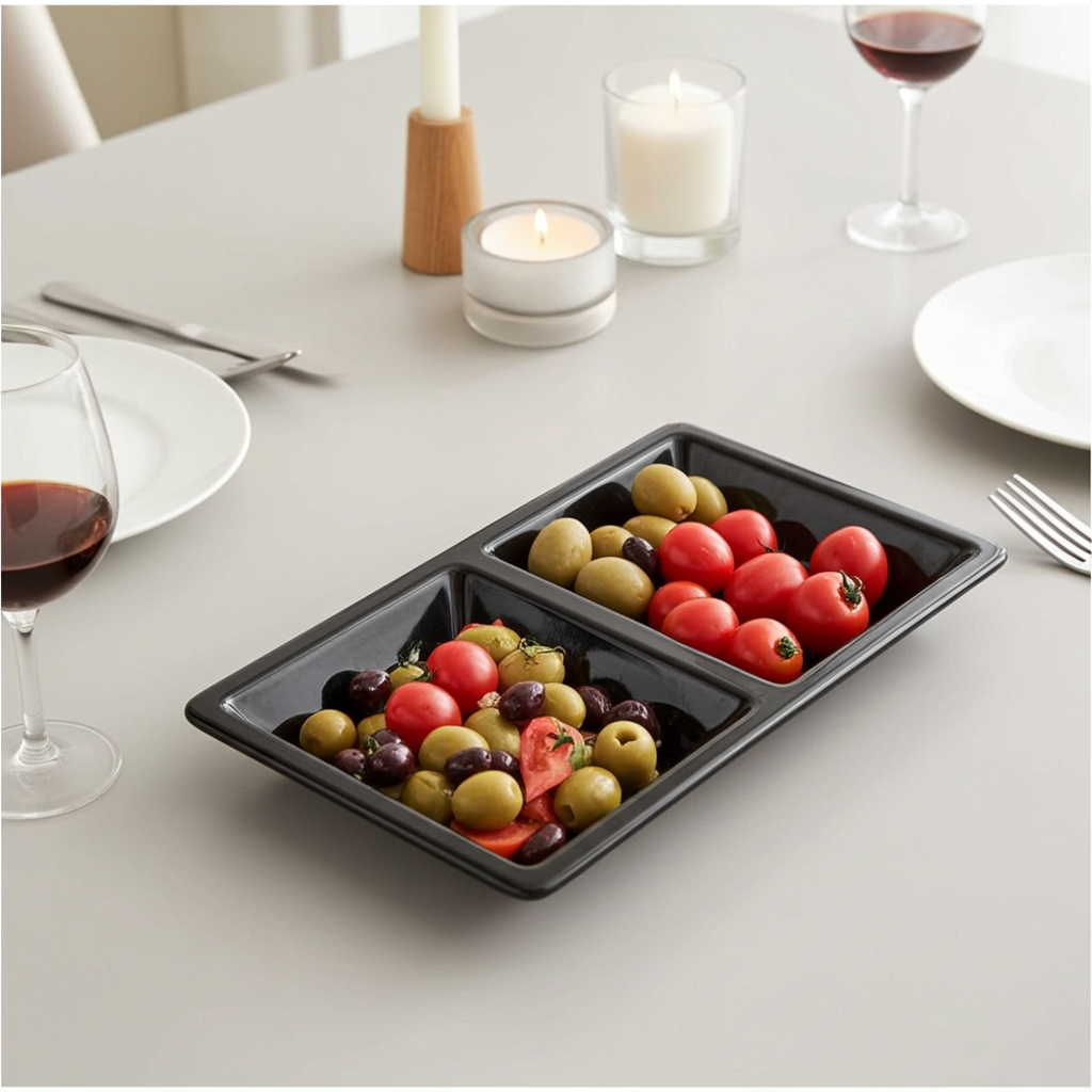 Black Melamine 5 inch 2-Section Rectangle Tray, 12/Case