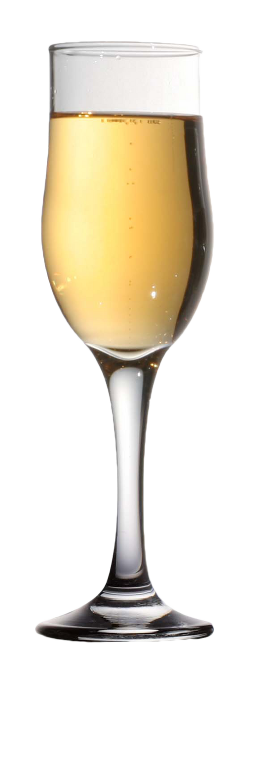 Champagne flute filled with champagne on a white background